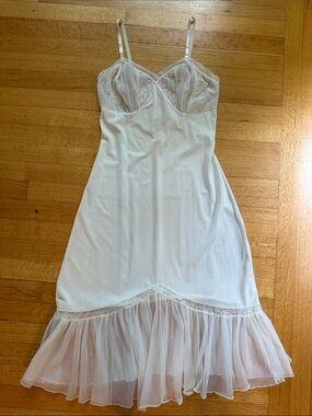 Vintage Rogers Nightgown / Slip Off-White Sheer Pleated and Lace Bust & Hem